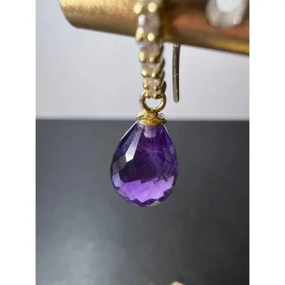 14k gold amethyst briolette and diamond dangle earrings